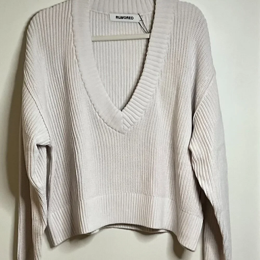 Rumored 'School's Out' Ecru Ripped Cropped Heavyweight Sweater Size L - Picture 7 of 8